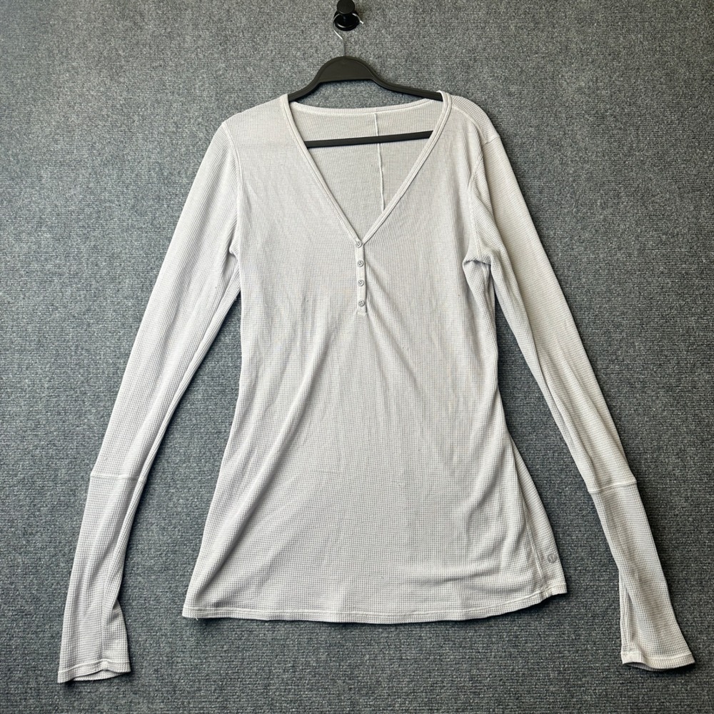 Lululemon Henley Long Sleeve Womens 10 Grey Waffle Knit V-Neck Yoga Athletic Top